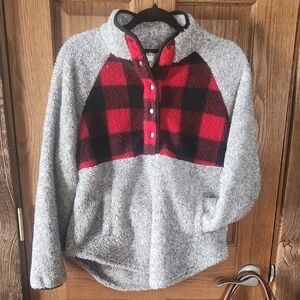 Gray and Red Plaid Fleece Pullover